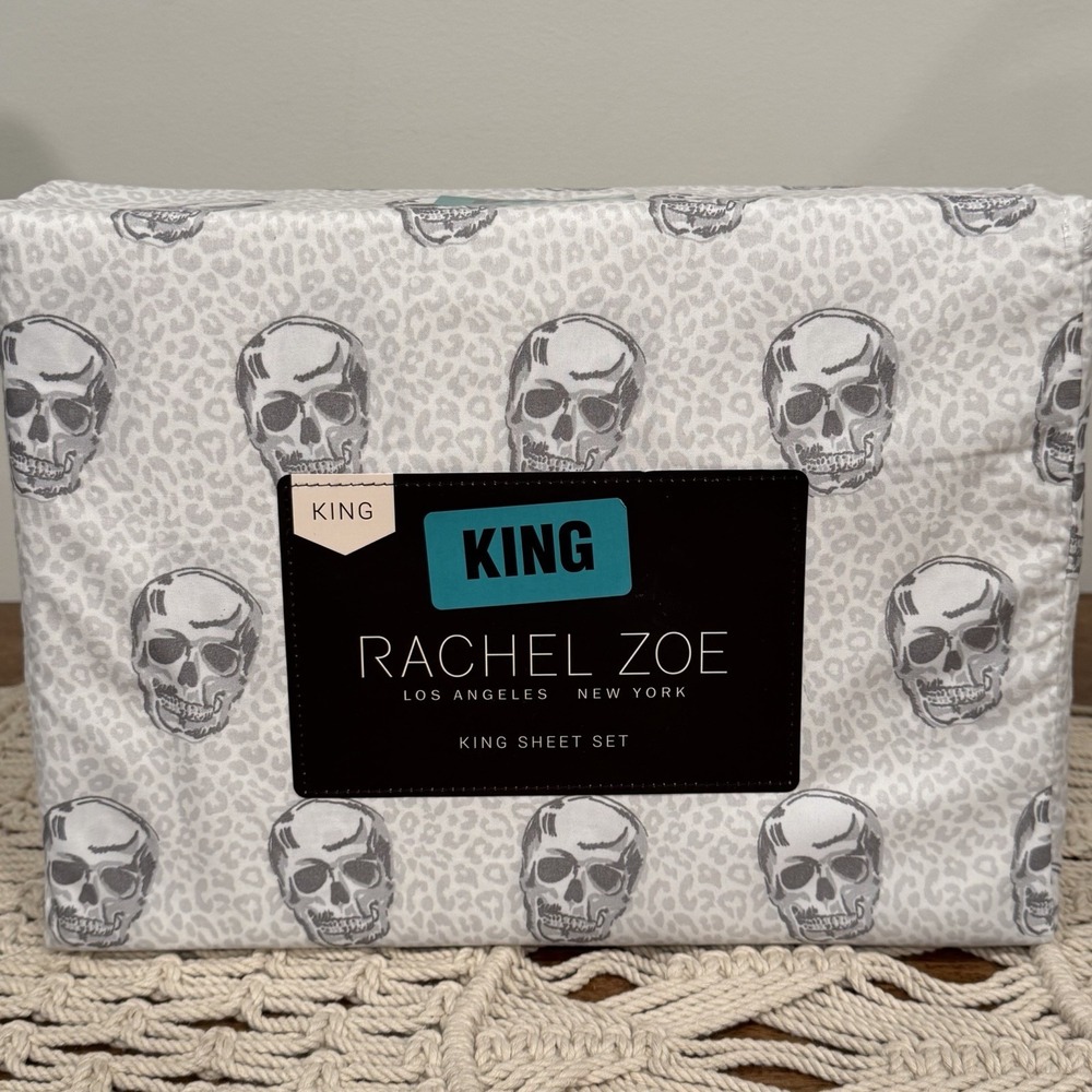 Rachel Zoe Skull King Size Sheet Set Leopard Cheetah Halloween Print Gray NEW